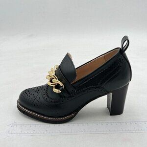 YDN Black Women Chunky High Heels Round Toe Oxford Chain Loafer Shoes